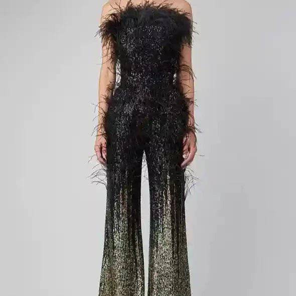 Kelsey Feather Trimmed Sequined Jumpsuit - Hot fashionista