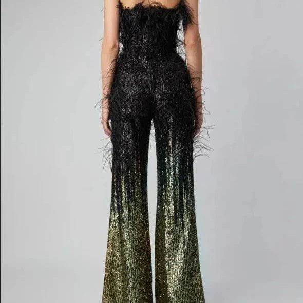 Kelsey Feather Trimmed Sequined Jumpsuit - Hot fashionista