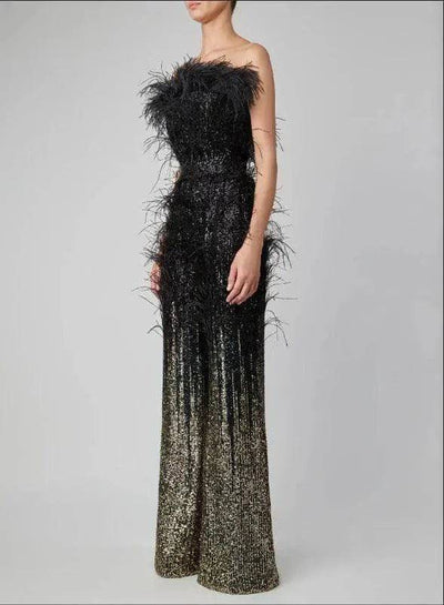 Kelsey Feather Trimmed Sequined Jumpsuit