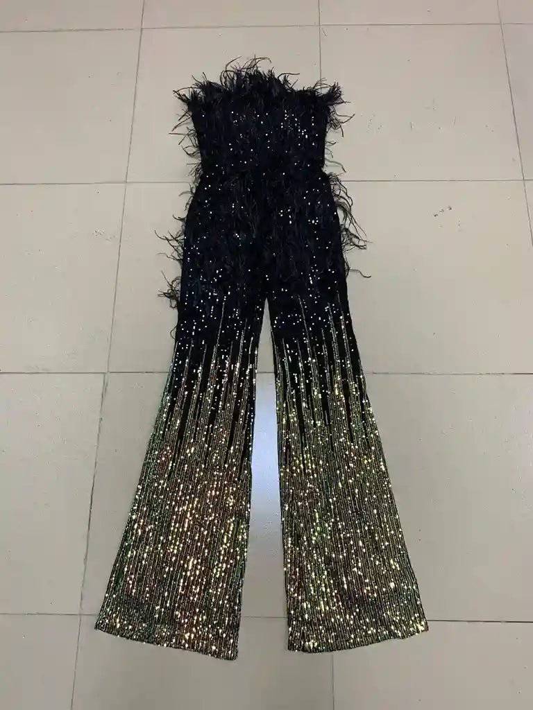 Kelsey Feather Trimmed Sequined Jumpsuit - Hot fashionista