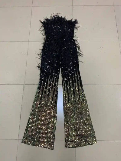 Kelsey Feather Trimmed Sequined Jumpsuit