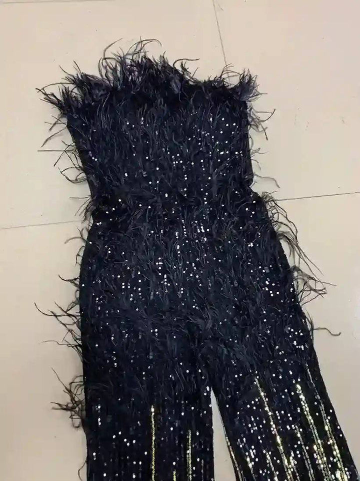 Kelsey Feather Trimmed Sequined Jumpsuit - Hot fashionista