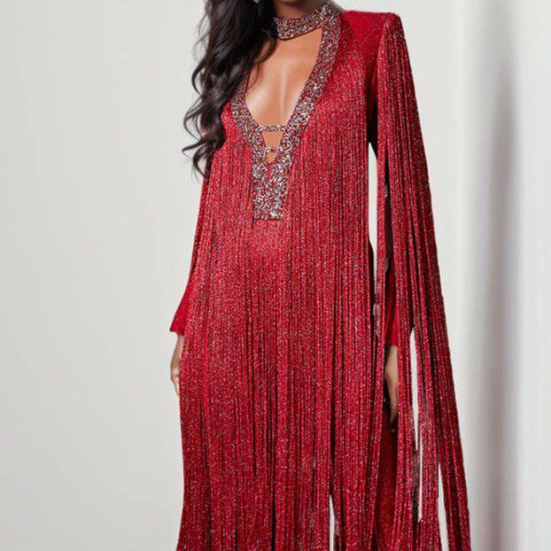 Mary Long Sleeve Fringe V-Neck Sequins Jumpsuit - Hot fashionista