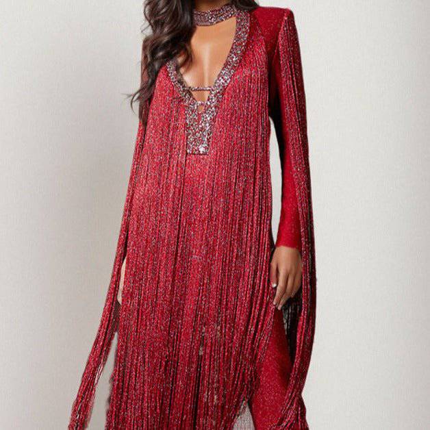 Mary Long Sleeve Fringe V-Neck Sequins Jumpsuit - Hot fashionista