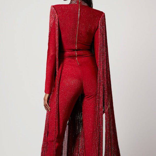 Mary Long Sleeve Fringe V-Neck Sequins Jumpsuit - Hot fashionista