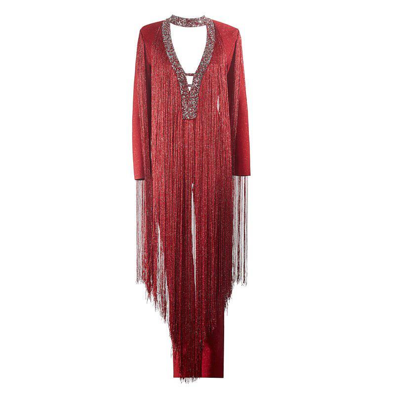 Mary Long Sleeve Fringe V-Neck Sequins Jumpsuit - Hot fashionista