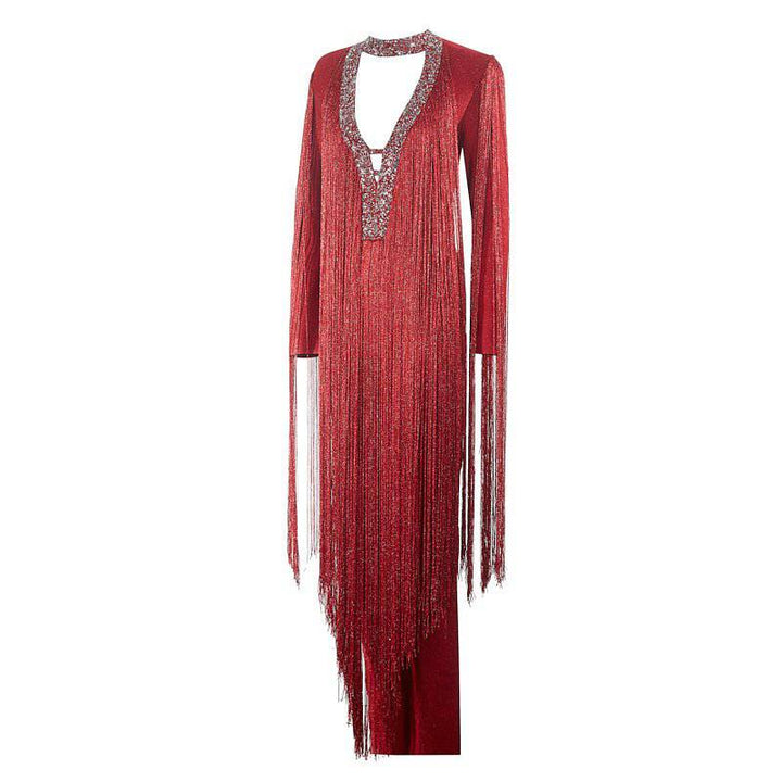 Mary Long Sleeve Fringe V-Neck Sequins Jumpsuit - Hot fashionista