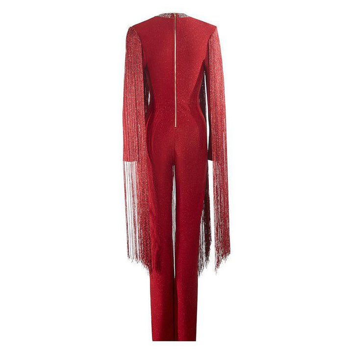 Mary Long Sleeve Fringe V-Neck Sequins Jumpsuit - Hot fashionista