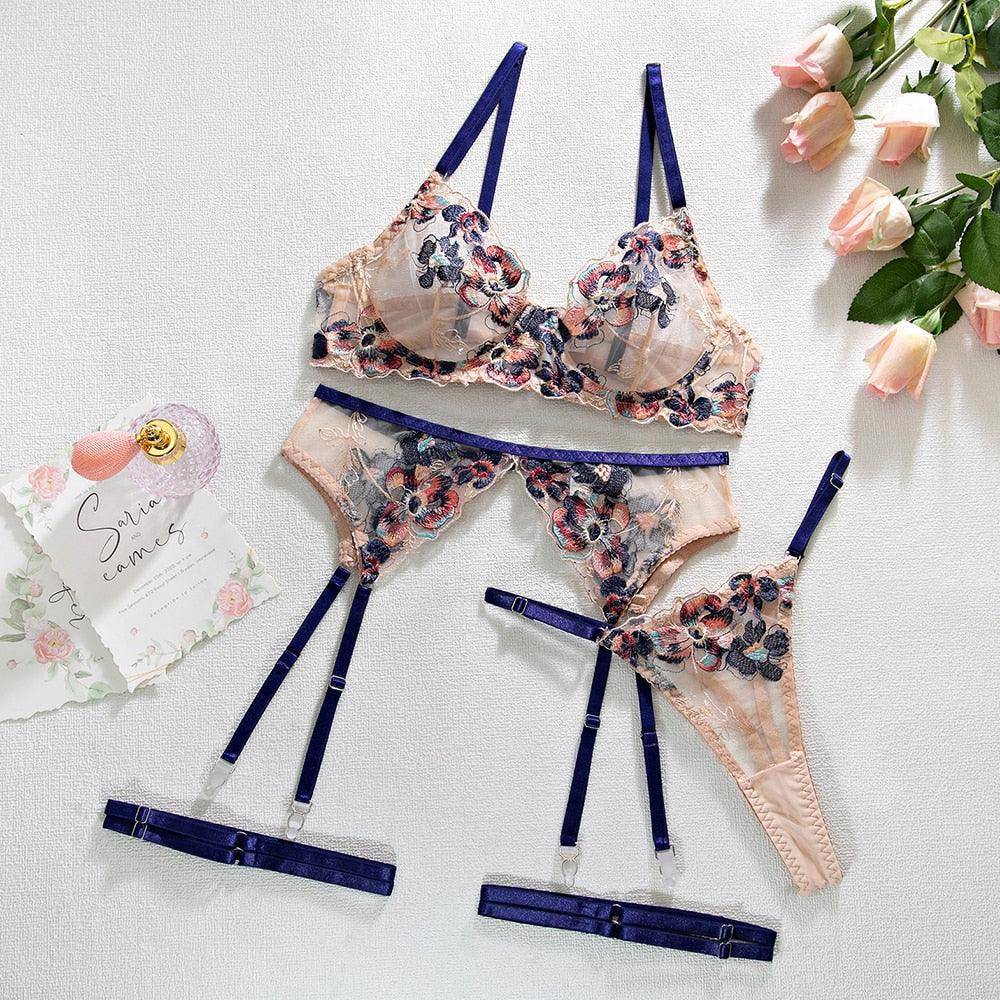 Margaret 5 Piece Transparent Lace Floral Lingerie Set - Hot fashionista