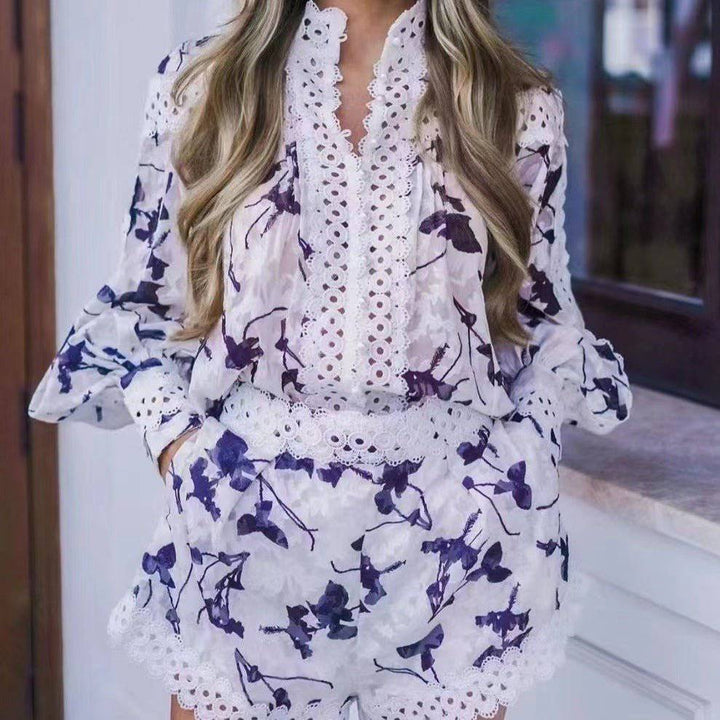 Belle Long Sleeve Lace Printed Top & Short Set - Hot fashionista