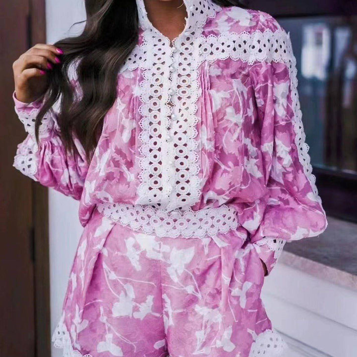 Belle Long Sleeve Lace Printed Top & Short Set - Hot fashionista