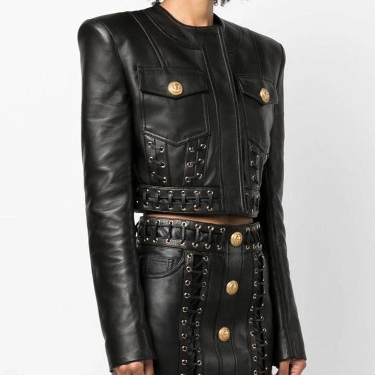 Lona Double Pocket Leather Jackett + Eyelet Embellished Buttoned Leather Mini Skirt Set