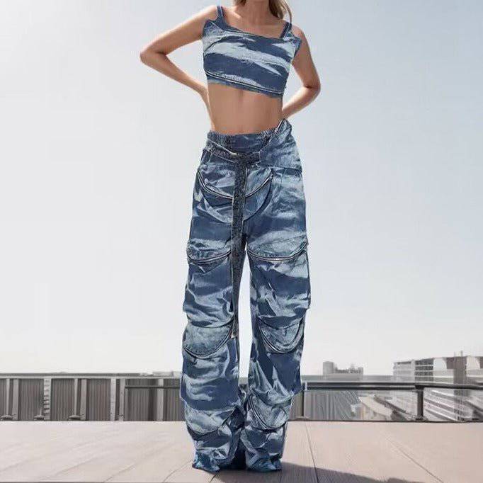 Autumn Strappy Cropped Top & High Waist Spliced Denim Pants Set