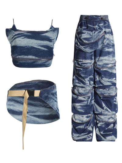 Autumn Strappy Cropped Top & High Waist Spliced Denim Pants Set