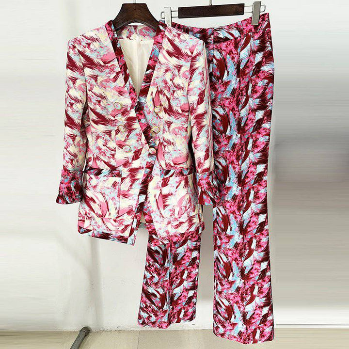 Ellen Long Sleeve Feather Print Top & Flared Feather Print Pants Set - Hot fashionista