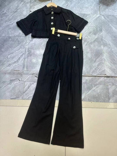 Conjunto de top de encaje con cuello y pantalones acampanados Annie