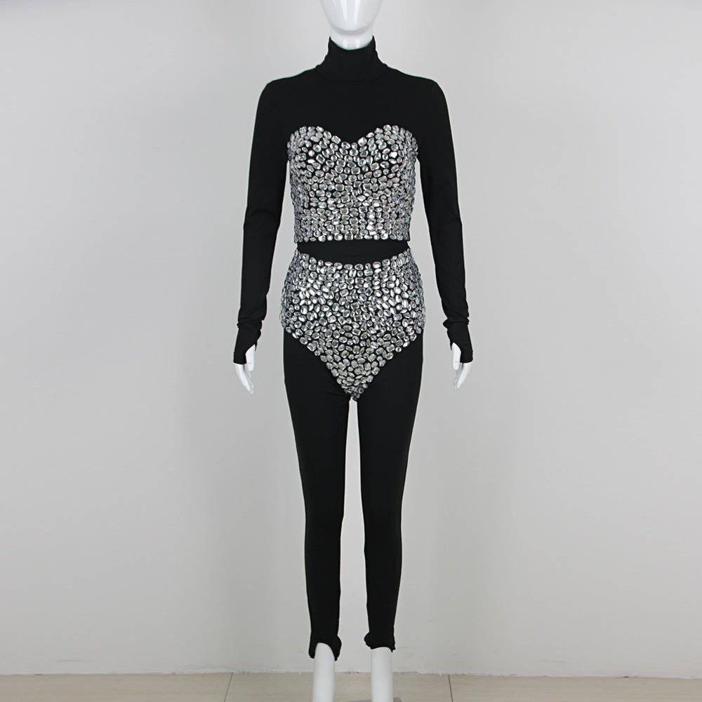 Avery High Neck Rhinestone Detail Pants Set