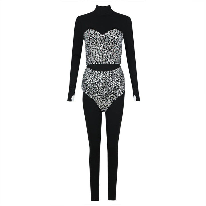 Avery High Neck Rhinestone Detail Pants Set - Hot fashionista