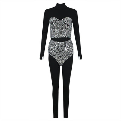 Avery High Neck Rhinestone Detail Pants Set