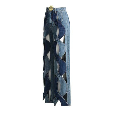 Pantalon en jean droit évasé à carreaux Flora