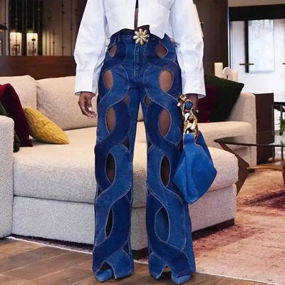 Pantalon en jean droit évasé à carreaux Flora