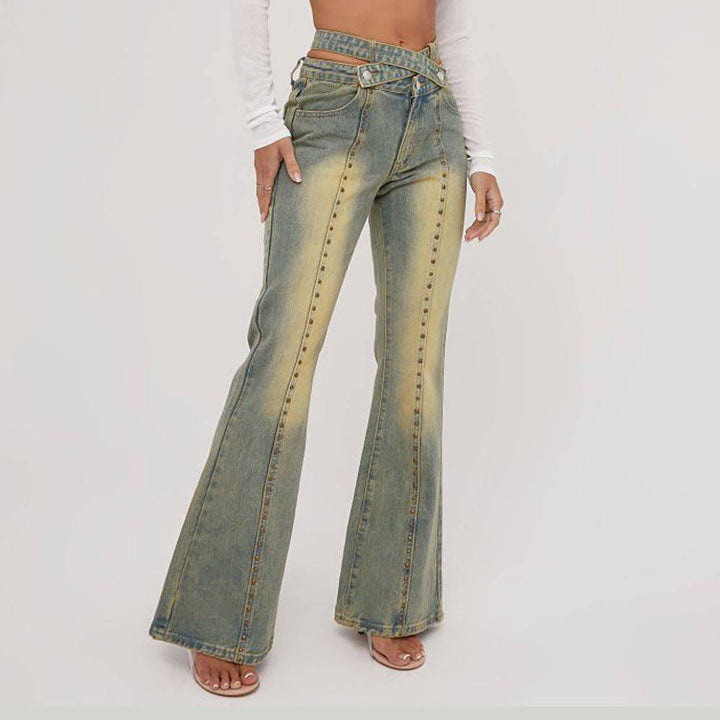 Lily Strappy Waist Studded Detail Flared Jeans - Hot fashionista