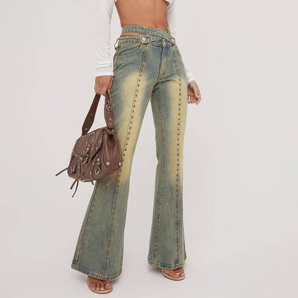 Lily Strappy Waist Studded Detail Flared Jeans - Hot fashionista