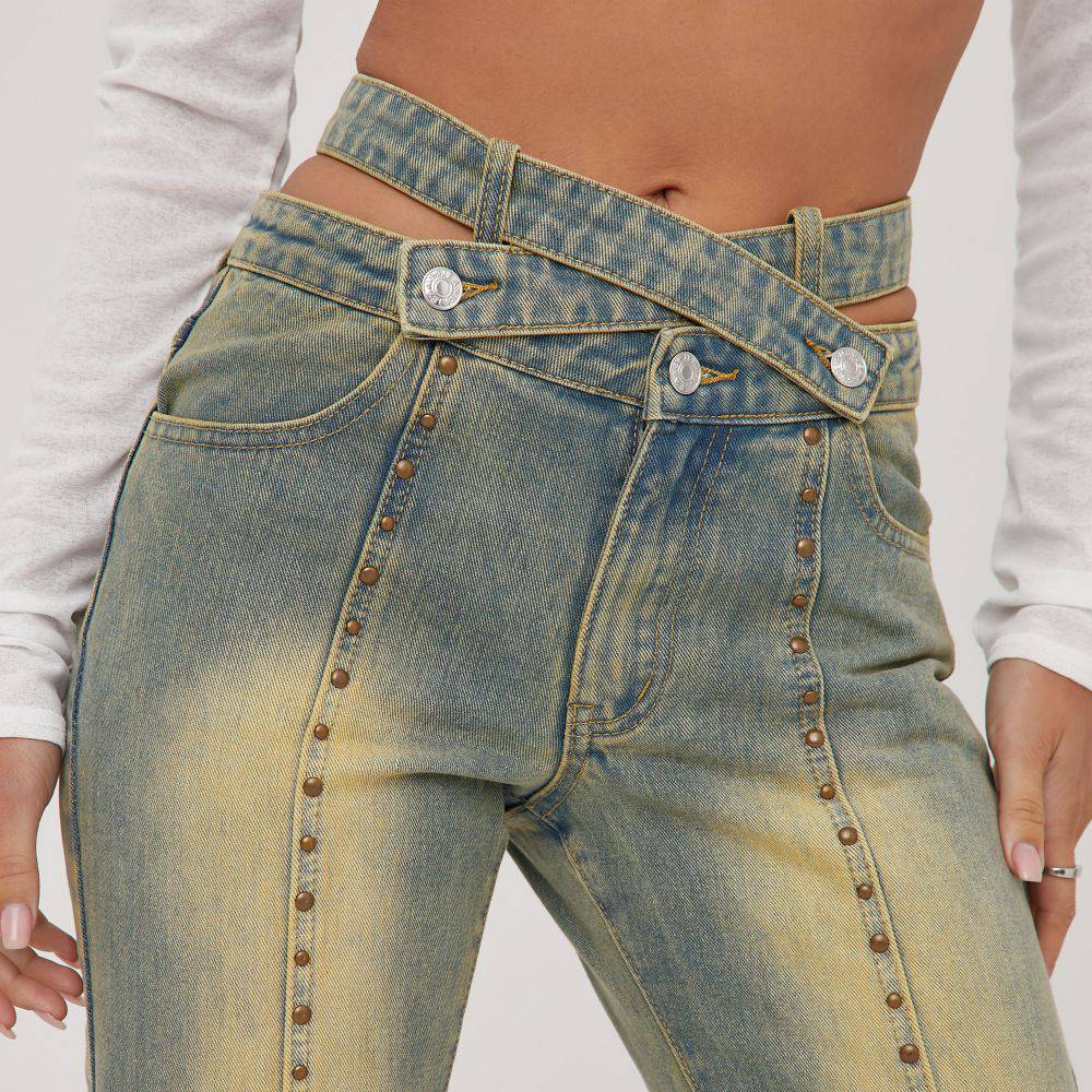 Lily Strappy Waist Studded Detail Flared Jeans - Hot fashionista