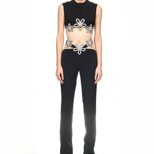 Virginia Sleeveless Crystal Embellished Top & Flared Pants Set - Hot fashionista