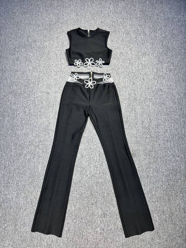 Virginia Sleeveless Crystal Embellished Top & Flared Pants Set - Hot fashionista