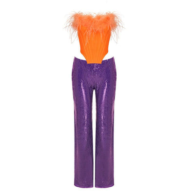 Ensemble haut court bustier en plumes et pantalon à paillettes Piera