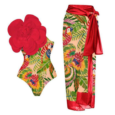 Kitty 3D Flower One Piece Swimsuit & Skirt Set