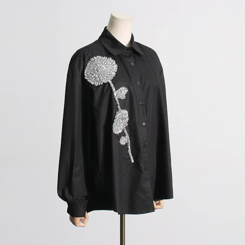 Jewell Rhinestone Flower Stand Collar Long Shirt - Hot fashionista