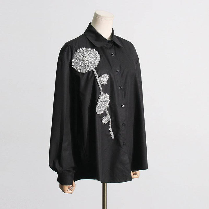 Jewell Rhinestone Flower Stand Collar Long Shirt - Hot fashionista