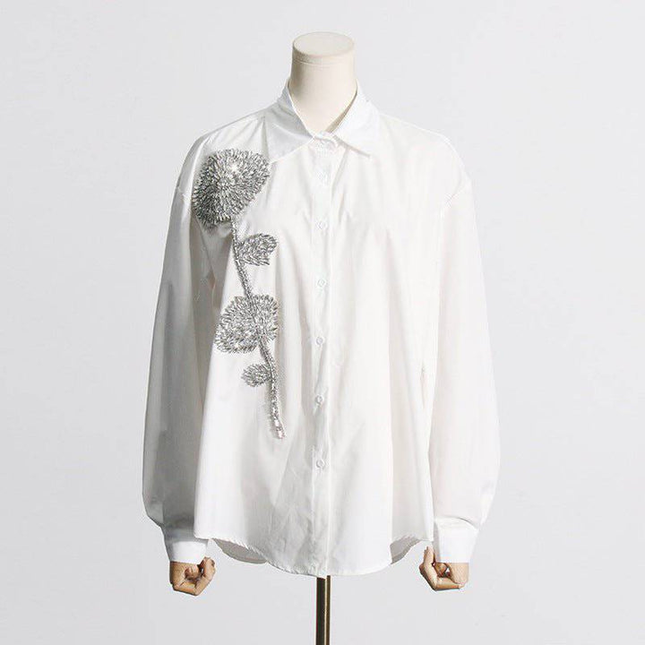 Jewell Rhinestone Flower Stand Collar Long Shirt - Hot fashionista