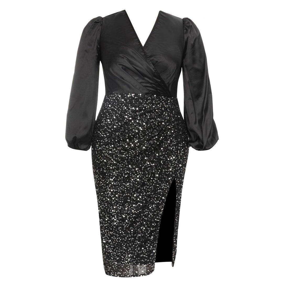 Brielle Neck Lantern Sleeve Knot Side Sequin Dress