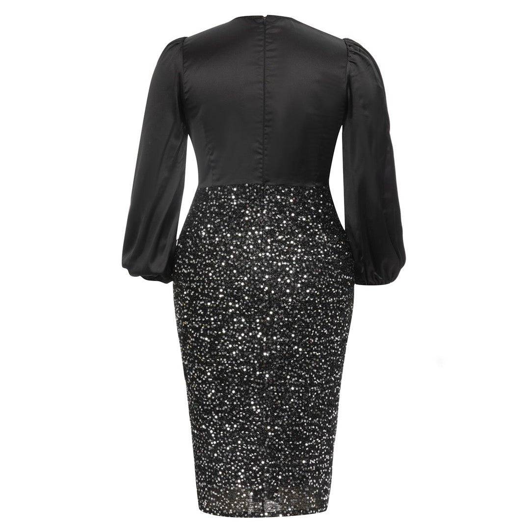 Brielle Neck Lantern Sleeve Knot Side Sequin Dress