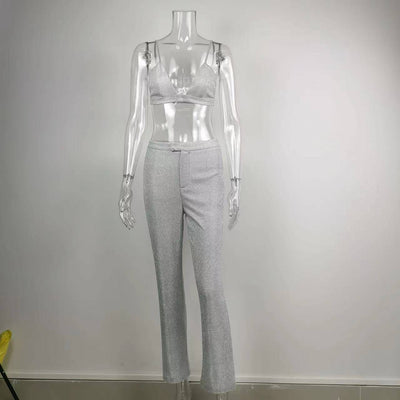 Ellie 3pcs Glitter Silver Party Piece Pants Set, Blazer Matching Sets