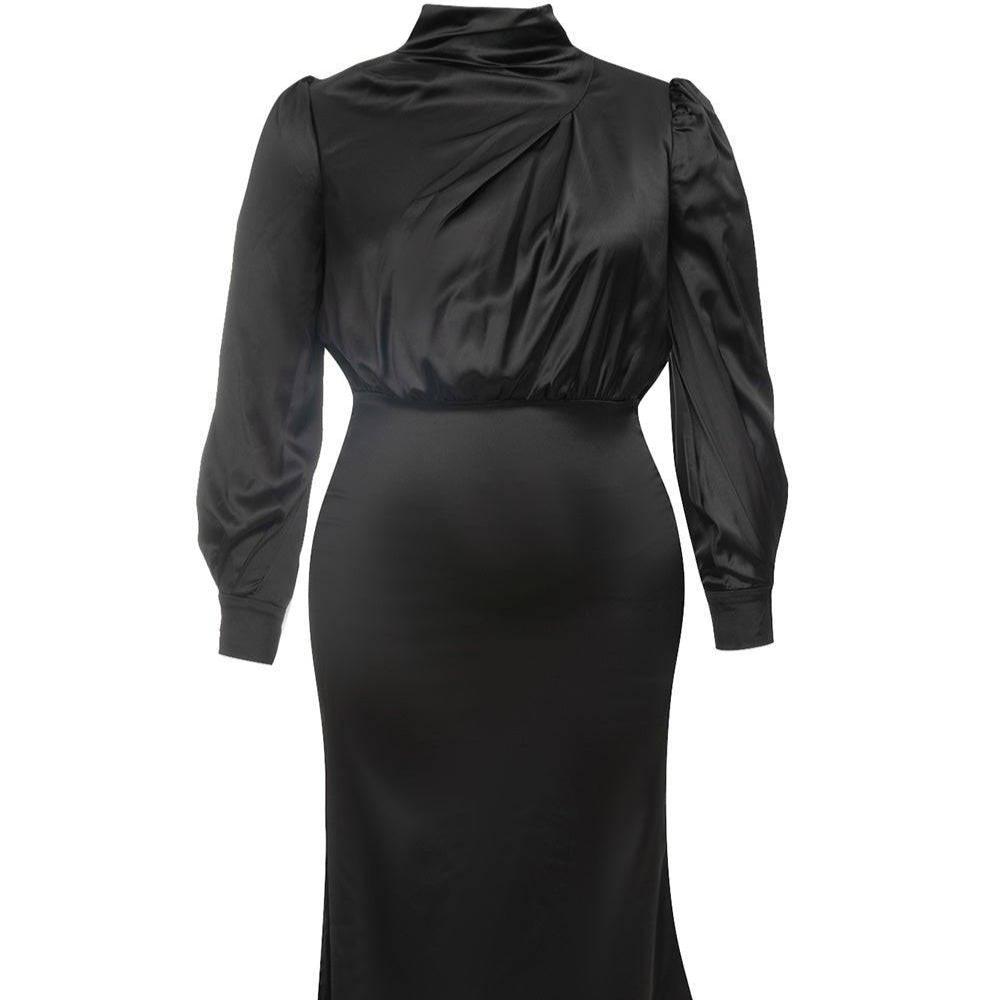 Farrah Mock Neck Lantern Sleeve Satin Dress - Hot fashionista