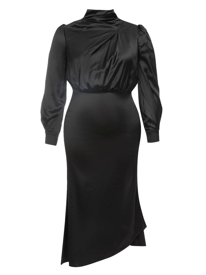 Farrah Mock Neck Lantern Sleeve Satin Dress - Hot fashionista