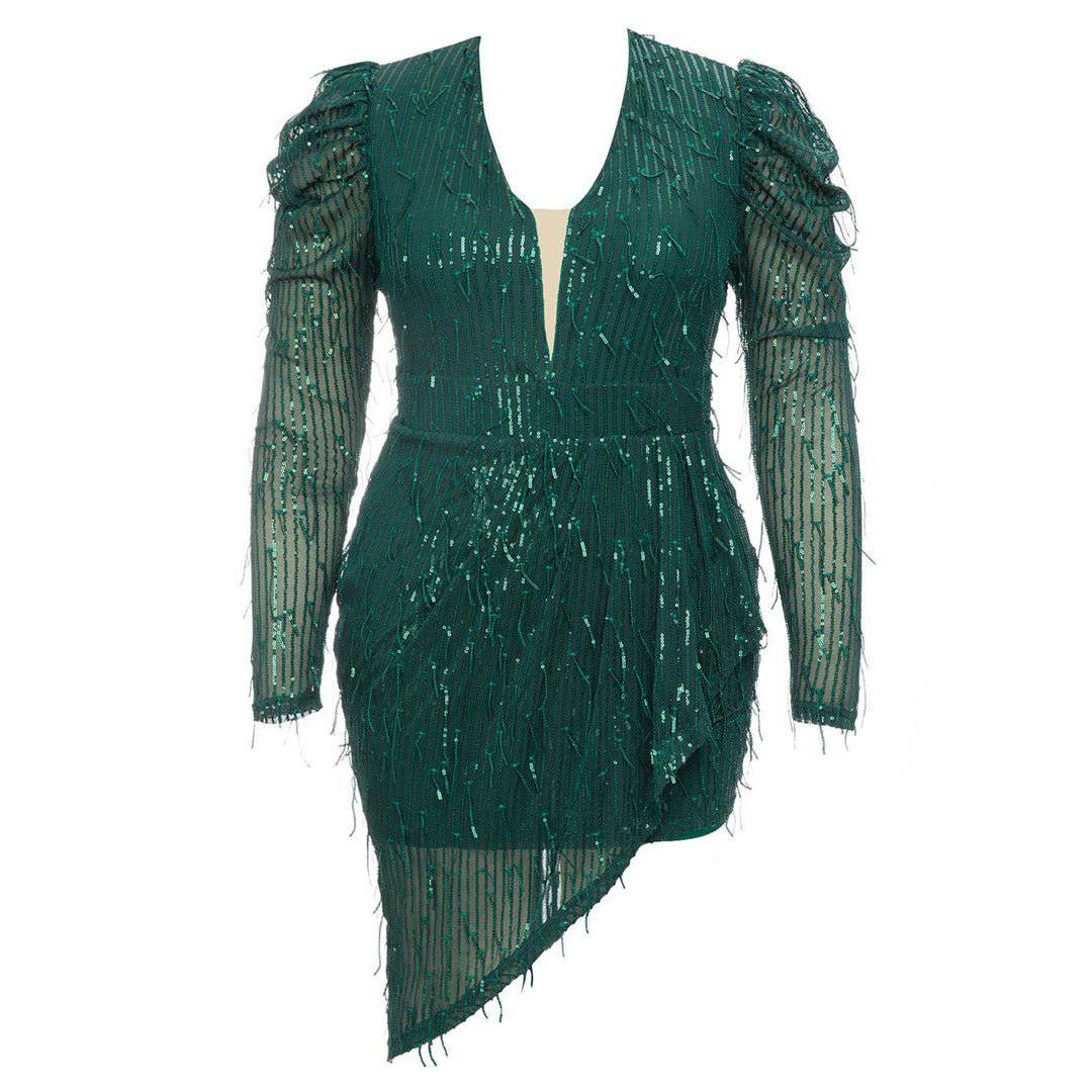 Grace Plunging Neck Gigot Sleeve Wrap Sequined Dress - Hot fashionista