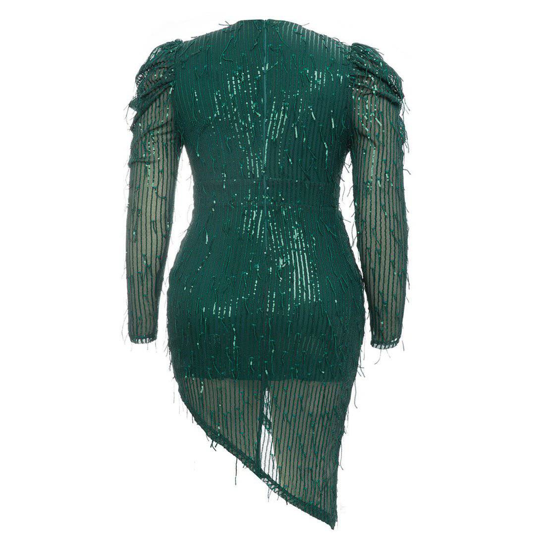 Grace Plunging Neck Gigot Sleeve Wrap Sequined Dress - Hot fashionista