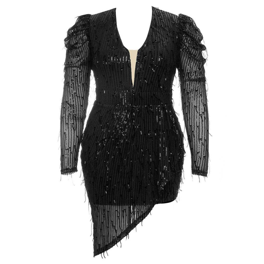 Grace Plunging Neck Gigot Sleeve Wrap Sequined Dress - Hot fashionista