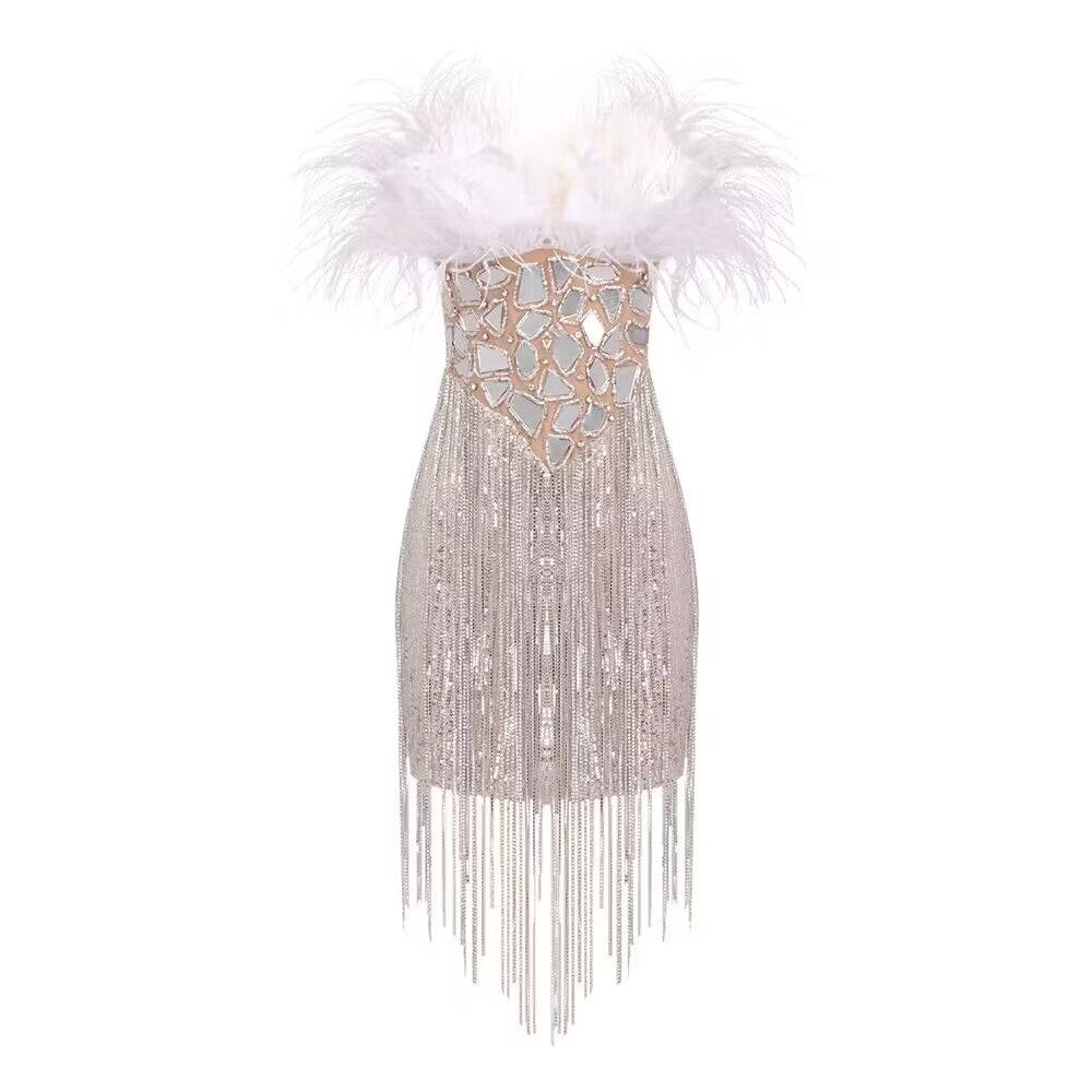 Gweneth Feather Sleeveless Rhinestone Tassel Mini Dress