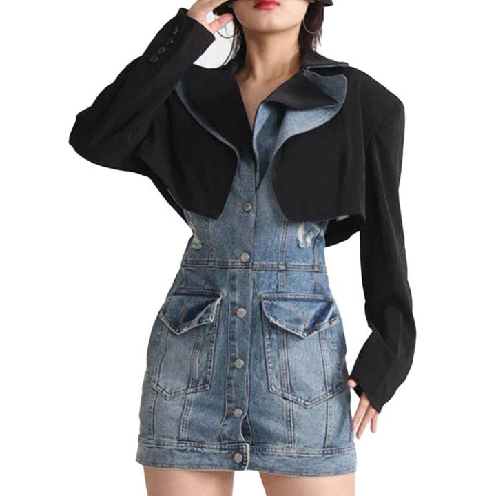 Hanna Collar Patchwork Denim Two-Piece Suit - Hot fashionista