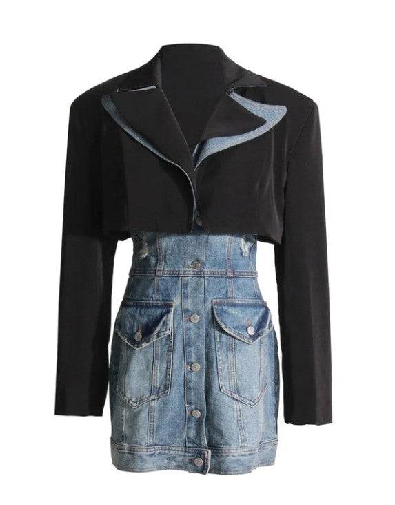 Hanna Collar Patchwork Denim Two-Piece Suit - Hot fashionista