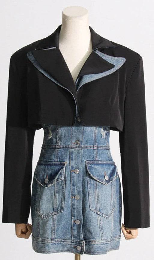 Hanna Collar Patchwork Denim Two-Piece Suit - Hot fashionista