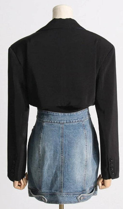 Hanna Collar Patchwork Denim Two-Piece Suit