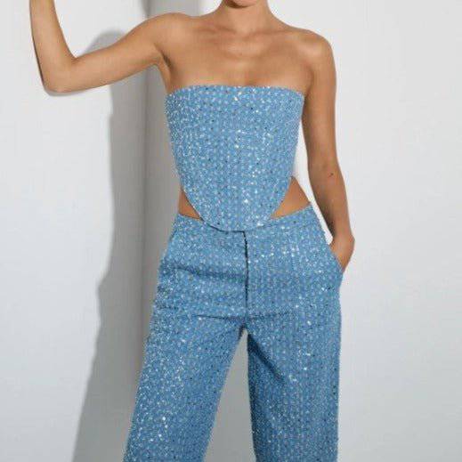 Hilda Sequin Destroyed Zipper Tube Top And High Waist Straight Leg Pants Set - Hot fashionista