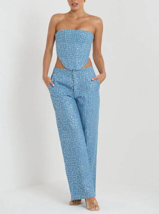 Hilda Sequin Destroyed Zipper Tube Top And High Waist Straight Leg Pants Set - Hot fashionista